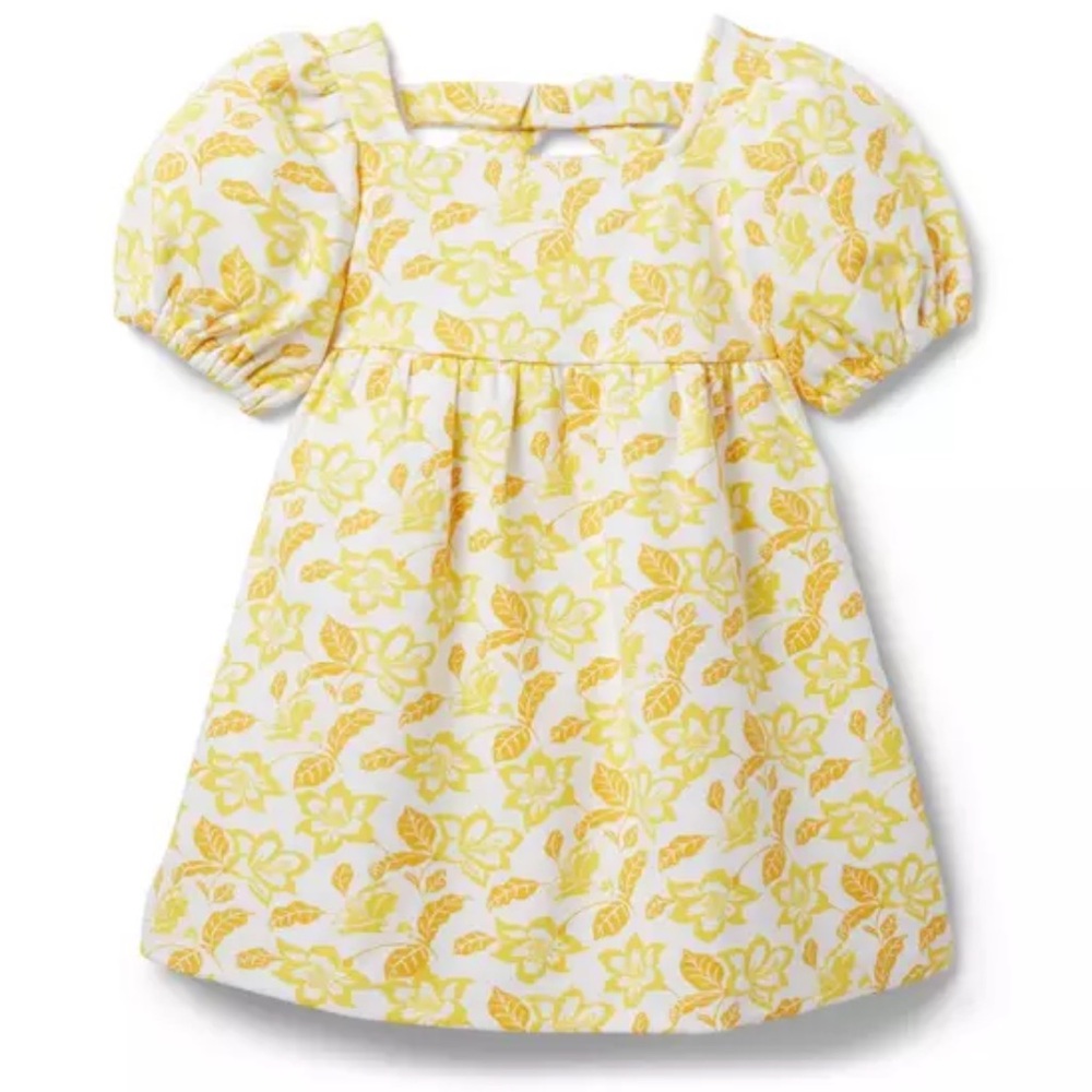 Janie & Jack Toddler Dress Puff Sleeve Ponte Floral White & Yellow Print Dress